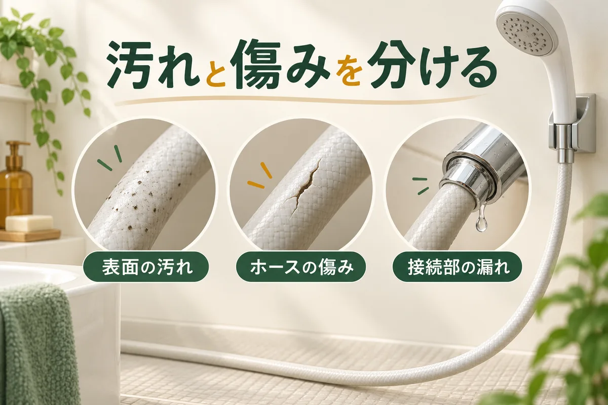ホース表面の黒ずみ、亀裂、接続部の漏れを分けた図