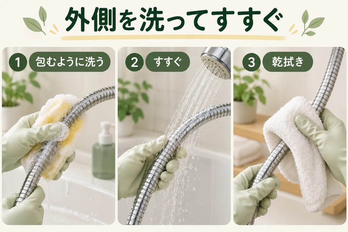 スポンジでホースを包んで洗い、すすぎと乾拭きへ進む図