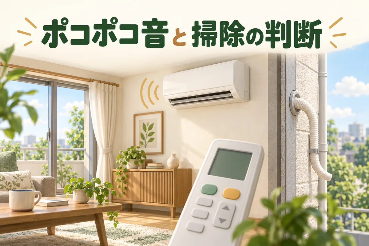 ポコポコ音がするエアコンと屋外の排水ホースを描いたイラスト