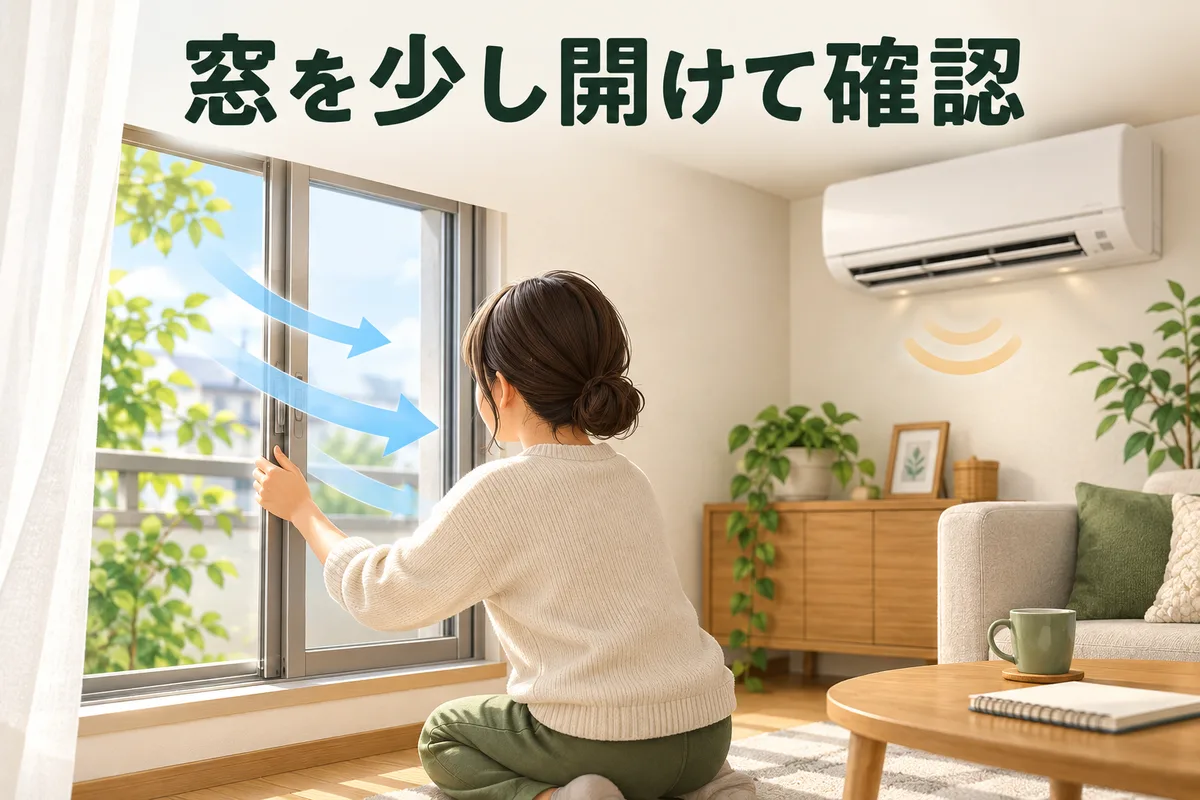 窓を少し開けて音の変化を確認し記録する室内図