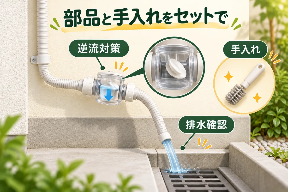 排水ホースの逆流防止弁と点検を示す模式図