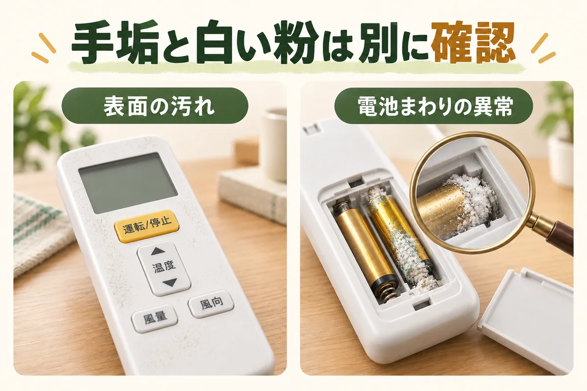 リモコン表面の手垢と電池室の白い粉を別々に示す図