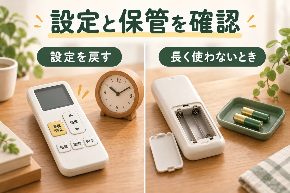 リモコンの設定確認と電池を外した保管を示す図