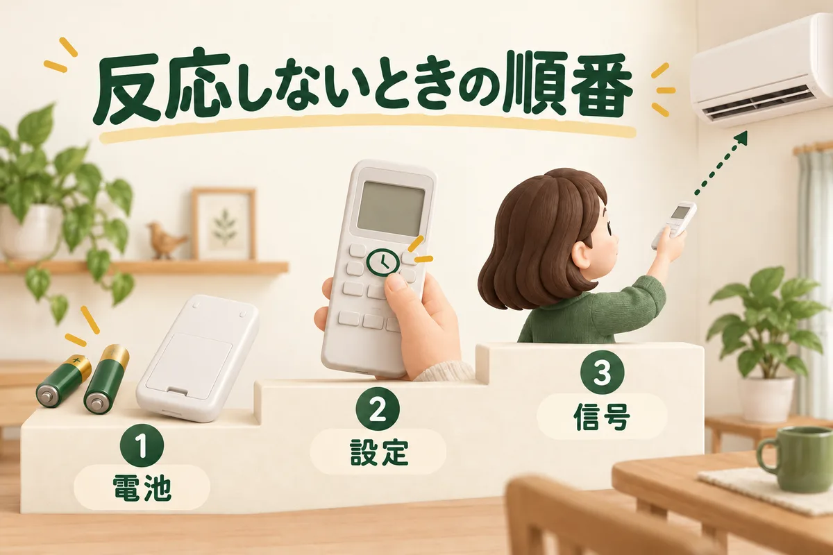 電池、時計設定、赤外線信号の順に確認する図