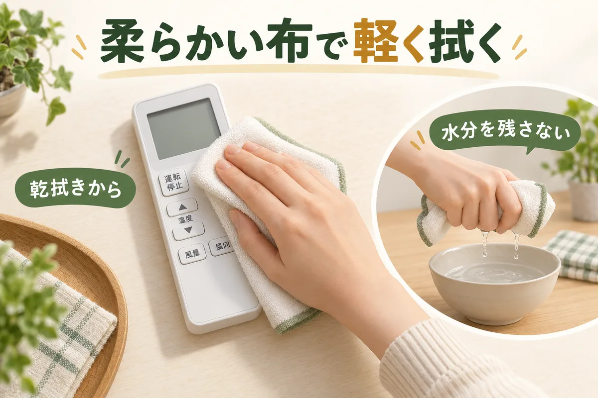 乾いた柔らかい布と、よく絞った布を使い分ける図
