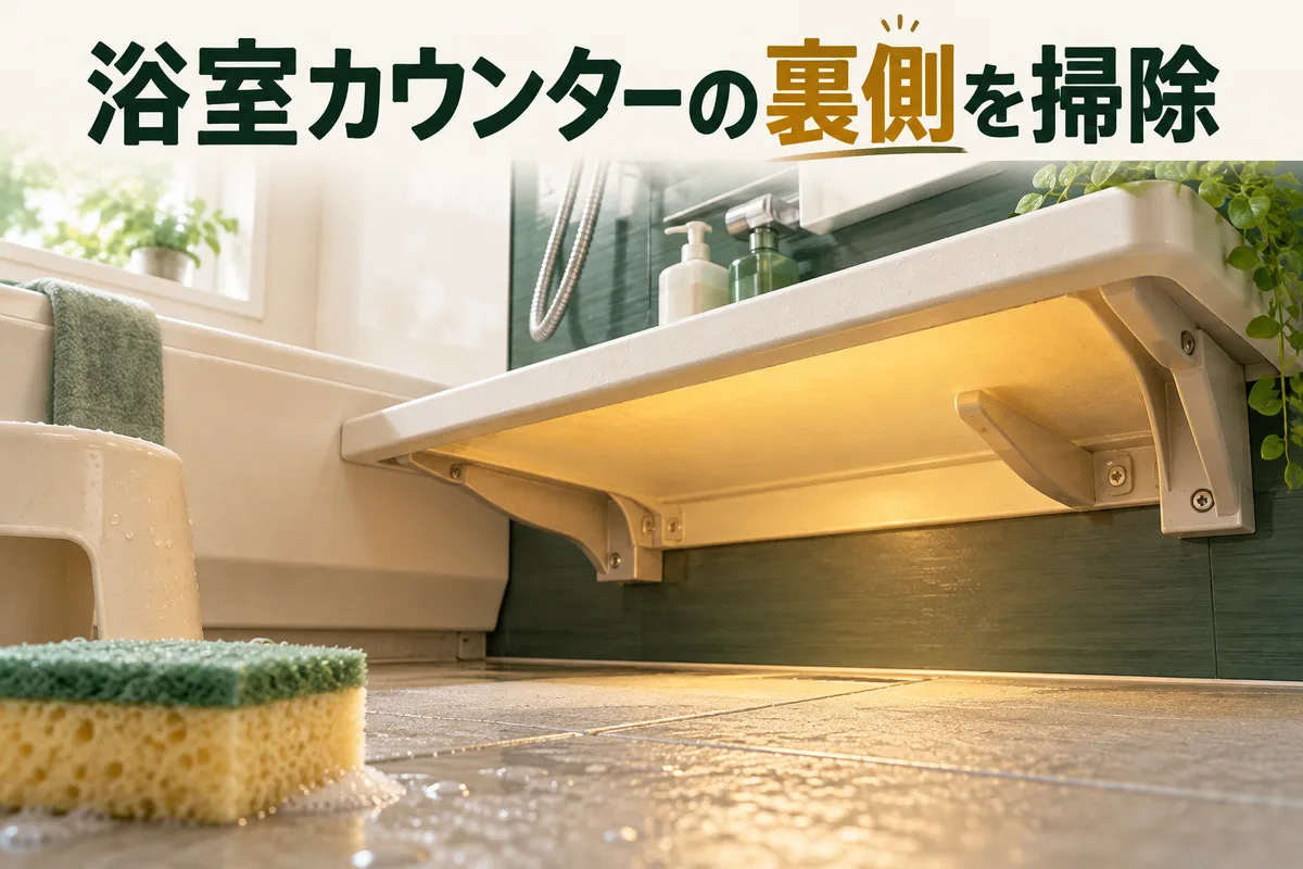 浴室カウンターの裏側と掃除道具を示す図