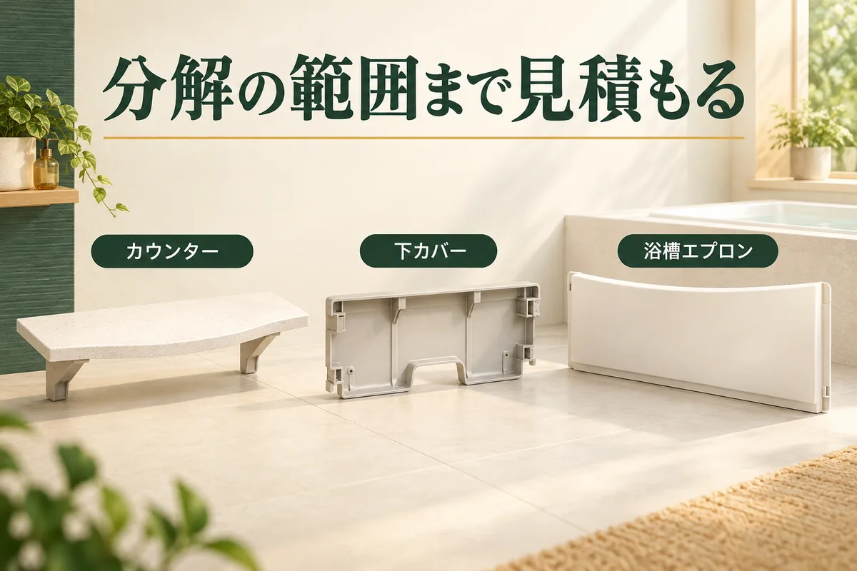 カウンター、下カバー、浴槽エプロンを別の部品として示す図