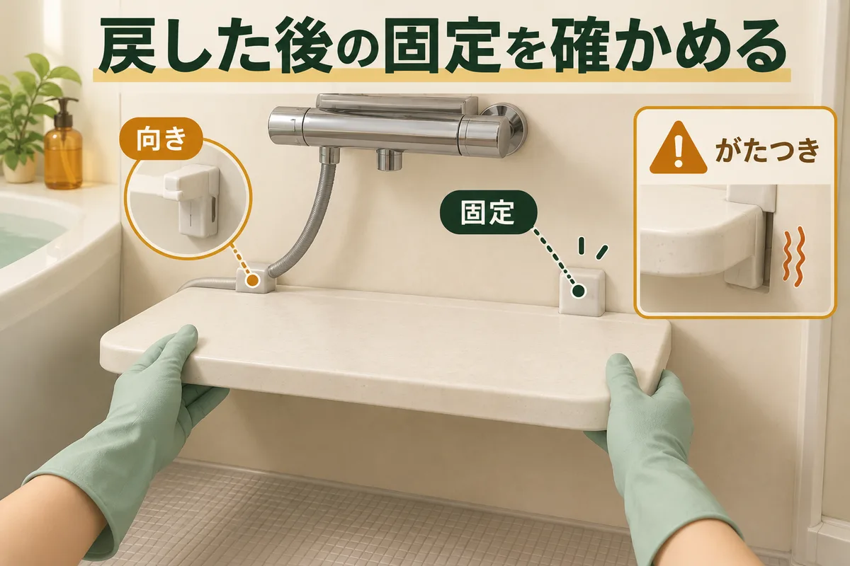 戻したカウンターの向き、固定、がたつきを確認する図