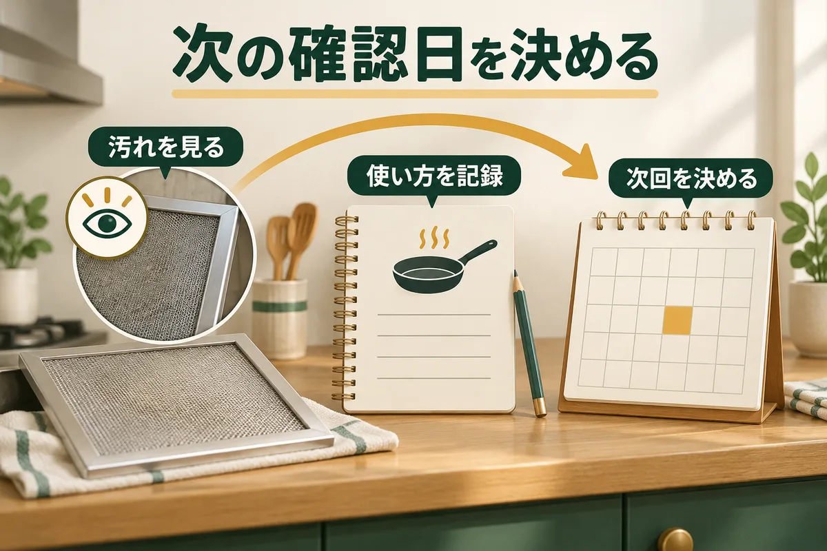 汚れを見て、使い方を記録し、次の確認日を決める図
