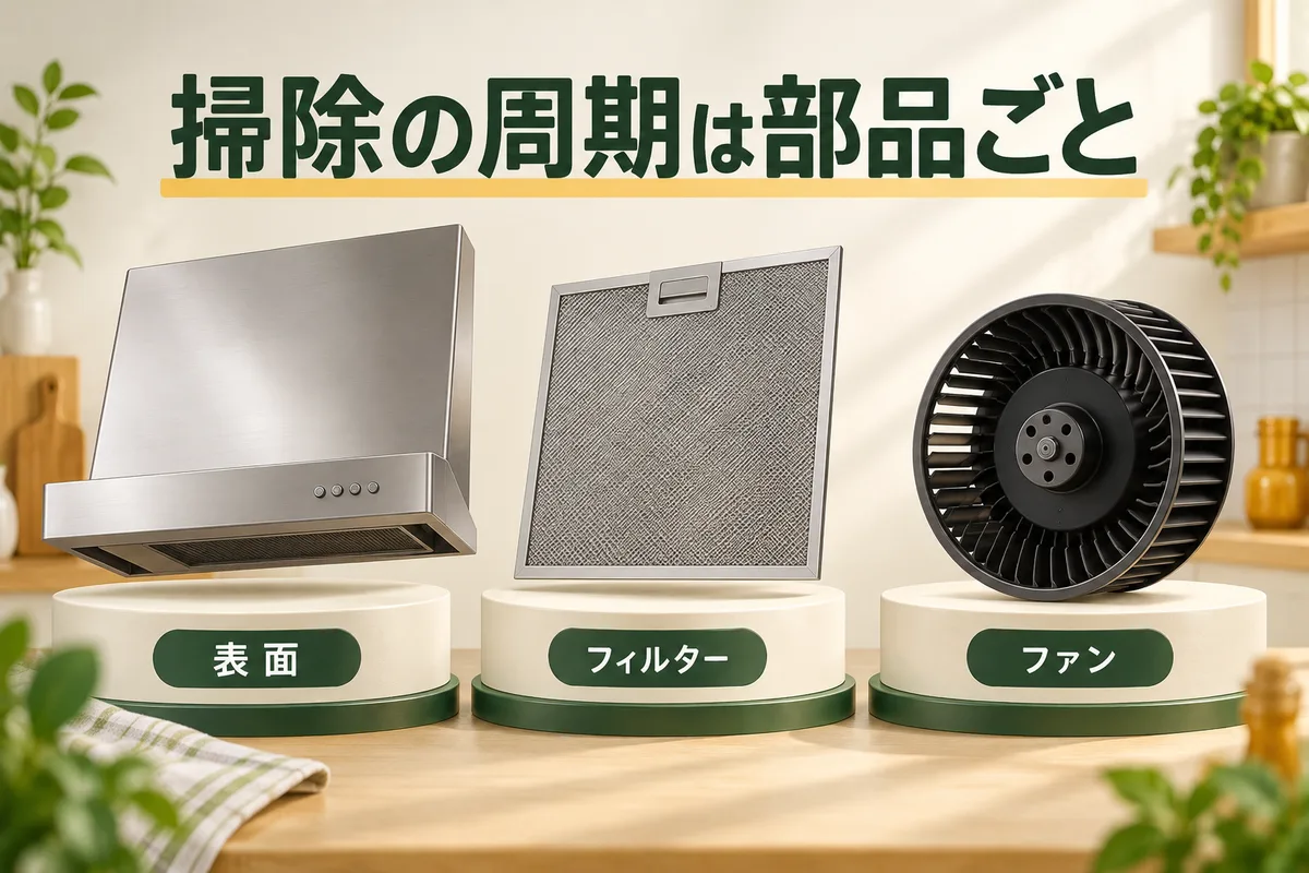 レンジフードの表面、金属フィルター、ファンを分けて示す図