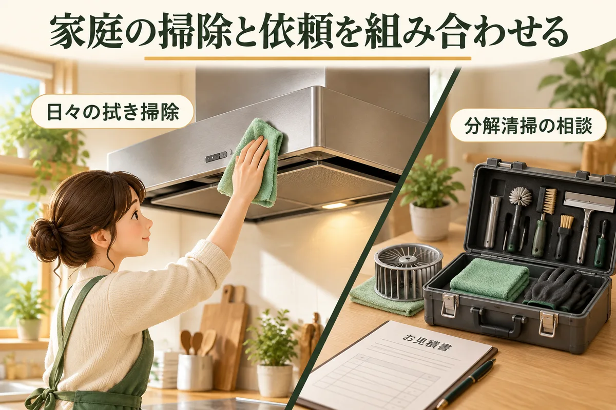 日々の表面の拭き掃除と、分解清掃の相談を組み合わせる図