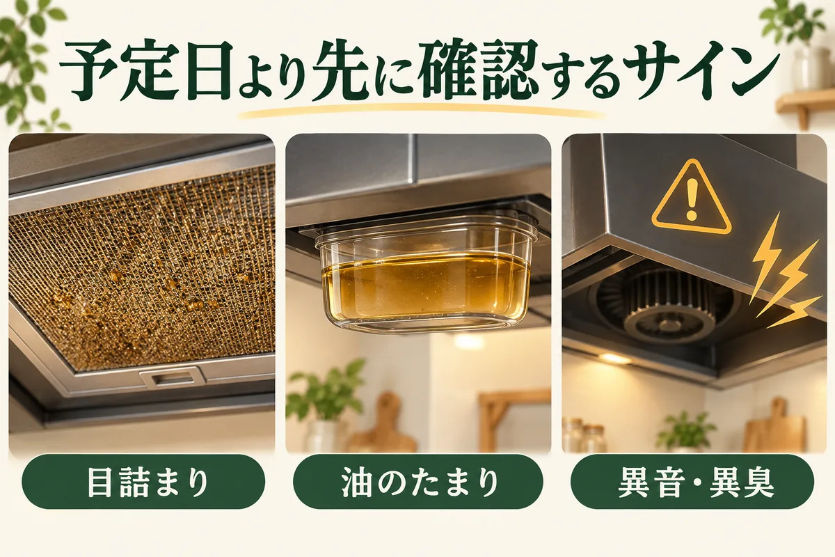 フィルターの目詰まり、油受けのたまり、異音や異臭を示す図