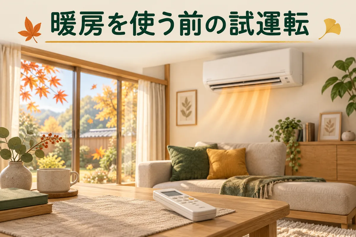 秋の部屋で、暖房の試運転をするエアコンとリモコンの図