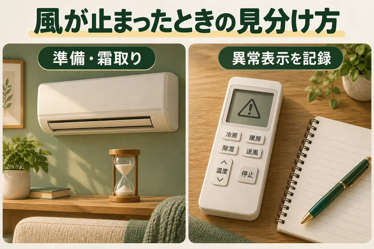 準備や霜取りで待つ場面と、異常表示を記録する場面を分けた図