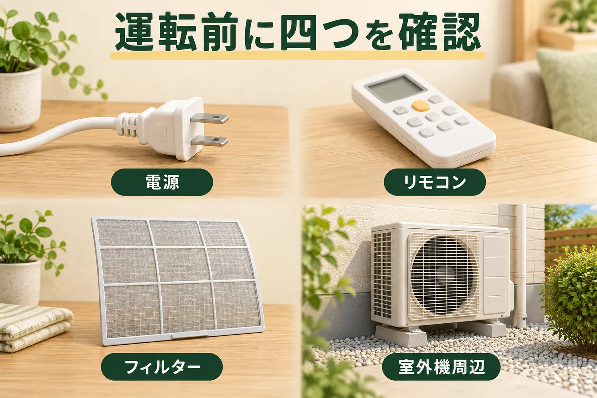 電源、リモコン、フィルター、室外機周辺の四つを確認する図