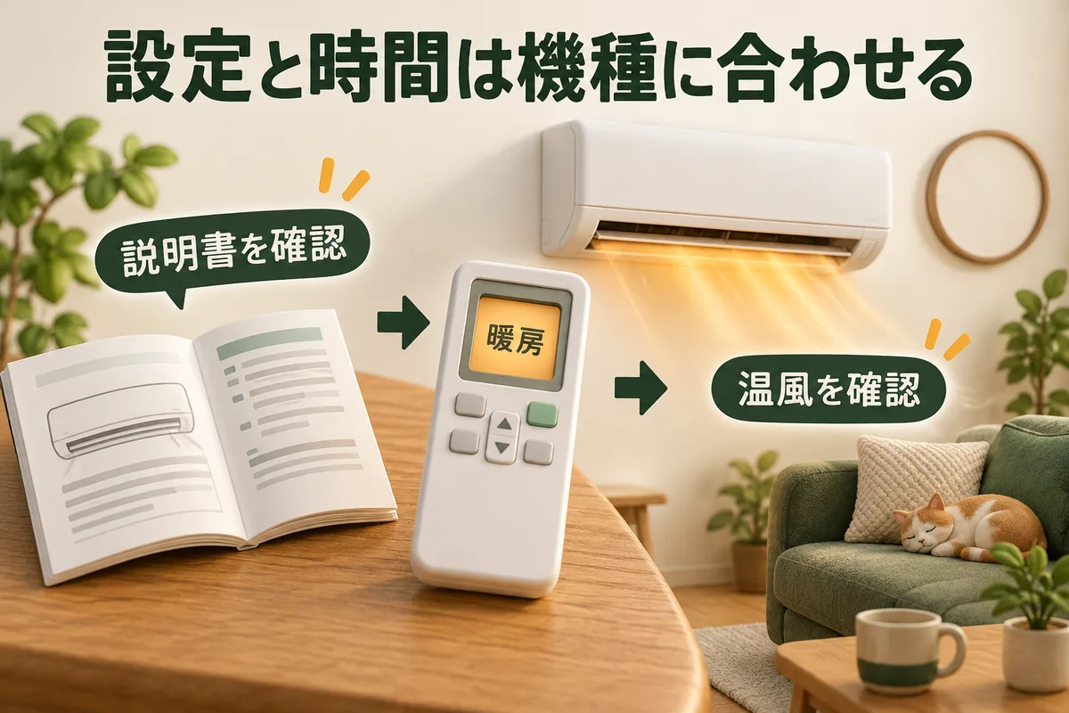 説明書、暖房表示のリモコン、温風を順に見る図
