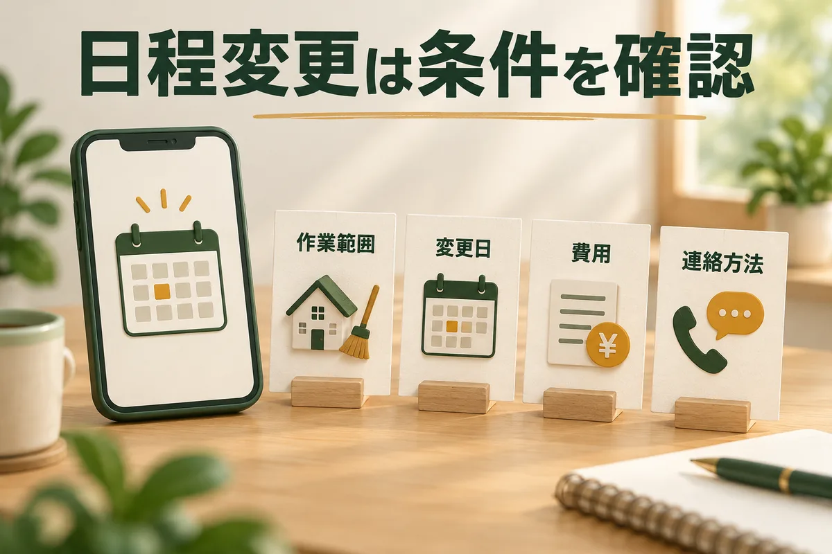 日程変更時に確認する作業範囲、変更日、費用、連絡方法の図