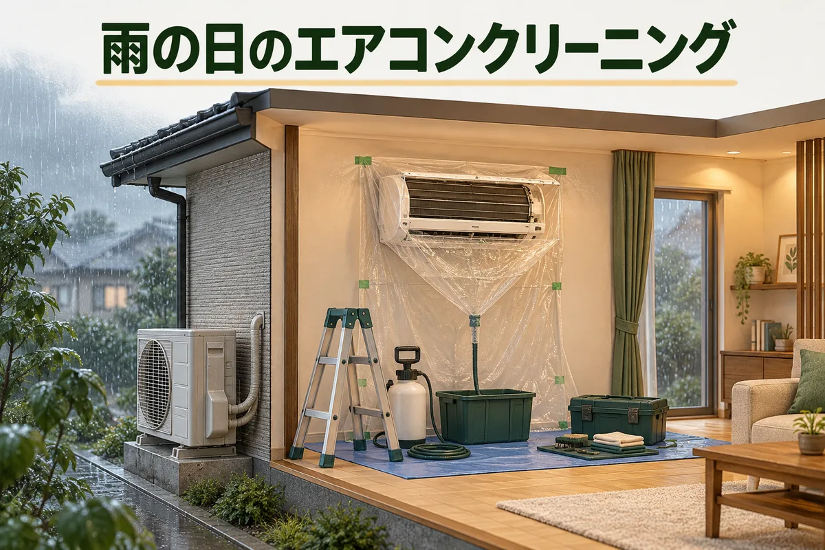 屋外の雨と、室内で養生されたエアコンを対比する図