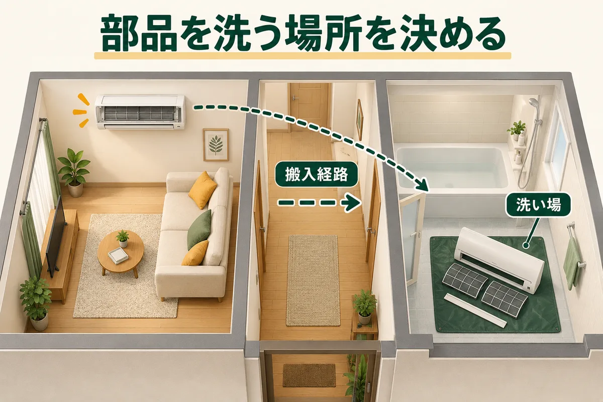浴室の部品洗い場と、部屋までの搬入経路を示す図