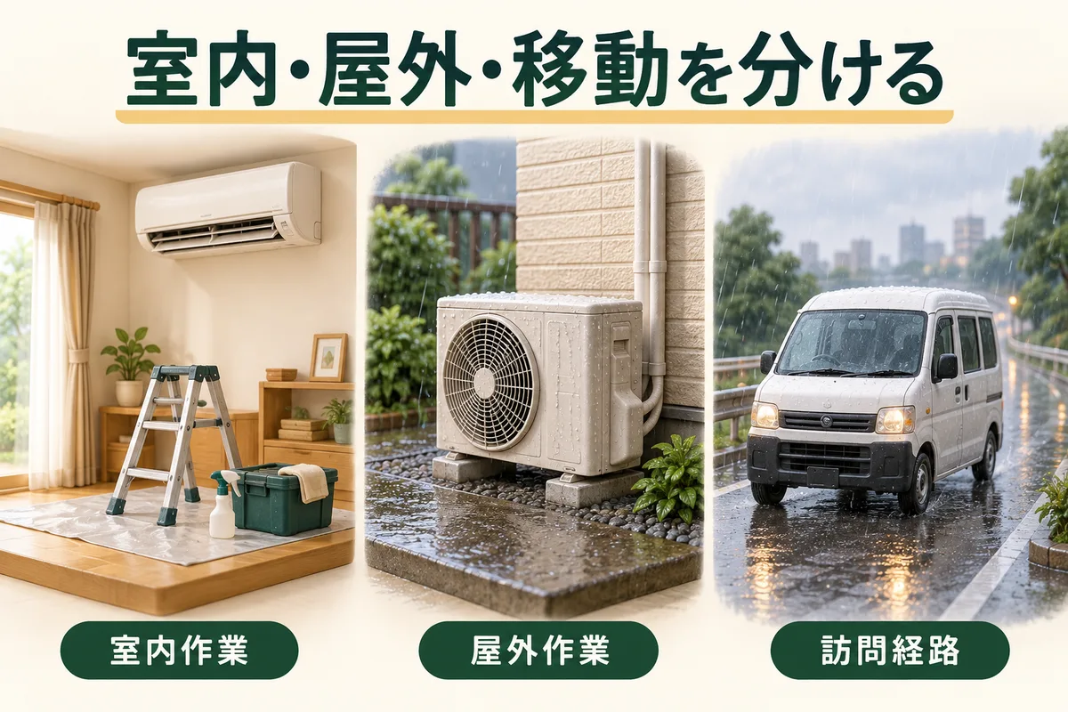 室内作業、屋外作業、車での訪問経路を別々に示す図