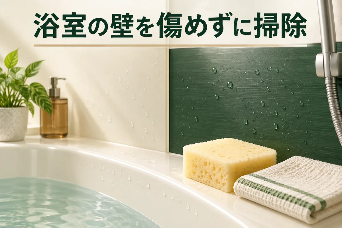 浴室の壁パネルと、柔らかい掃除道具を示す図