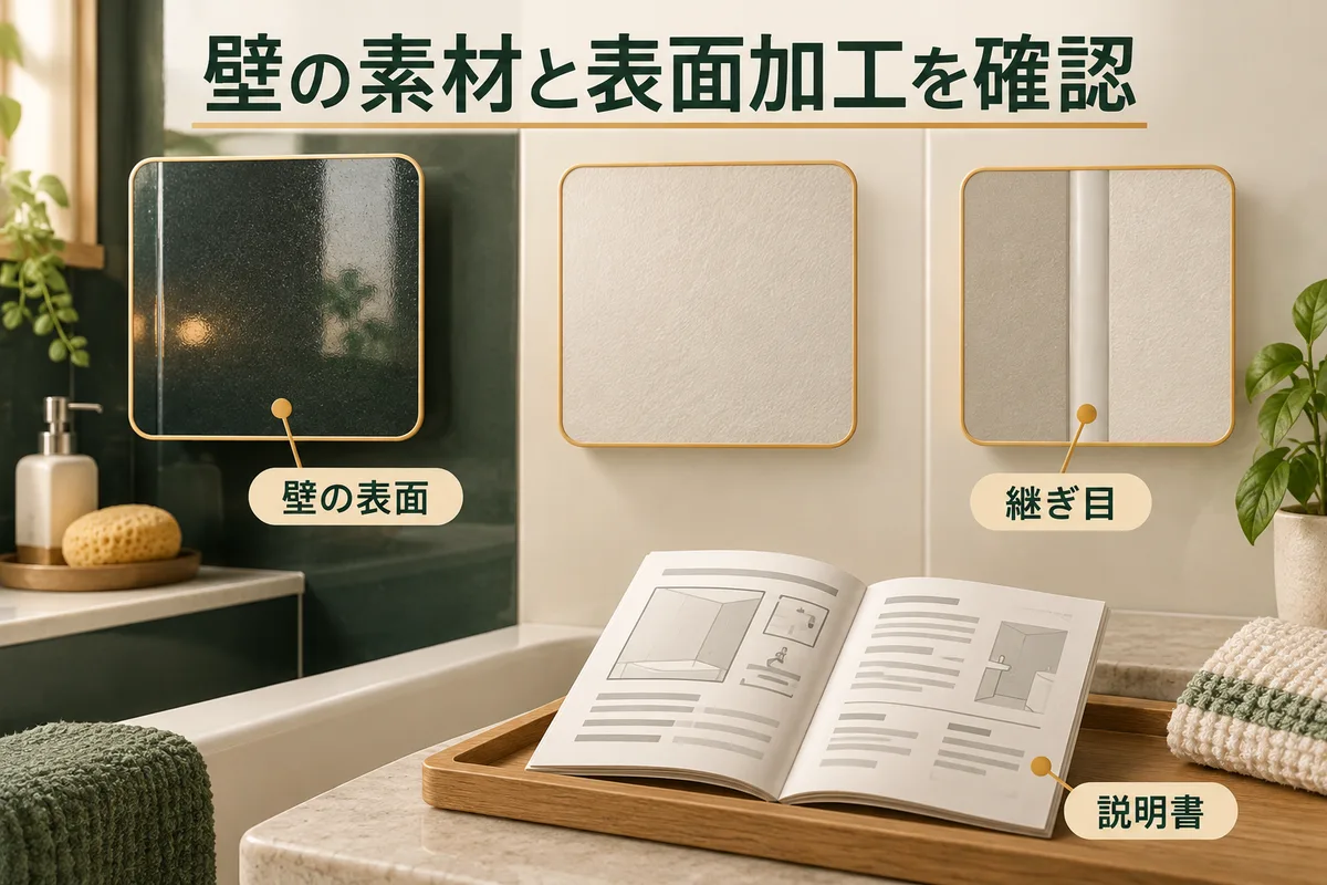 光沢のある壁面、つやを抑えた壁面、継ぎ目と説明書を見比べる図