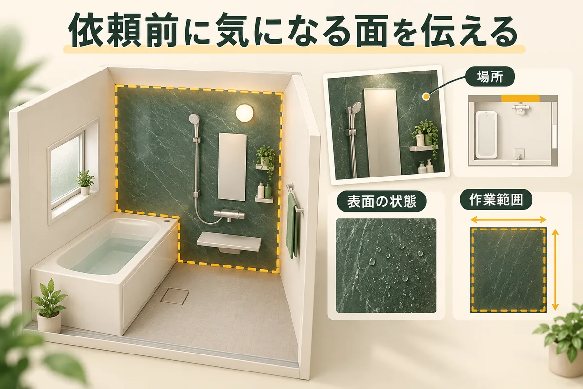 壁の位置、表面の状態、依頼範囲を写真で伝える図