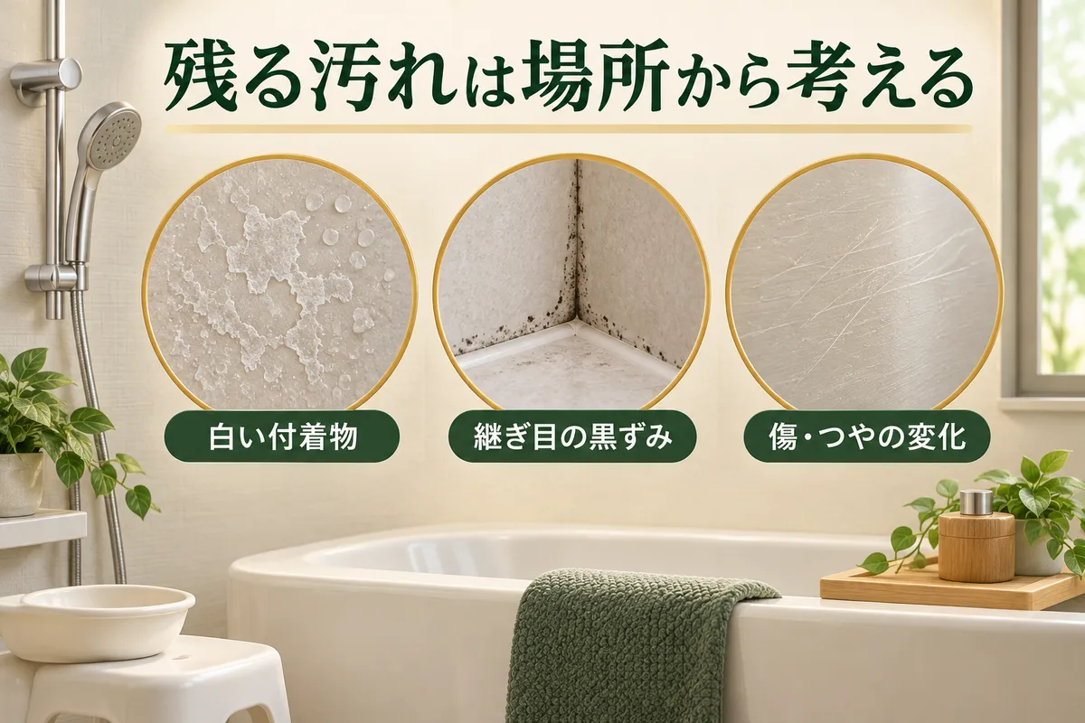 白い付着物、継ぎ目の黒ずみ、傷やつやの変化を見比べる図