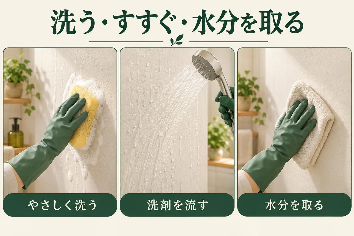 壁を柔らかいスポンジで洗い、すすぎ、水分を取る三段階の図