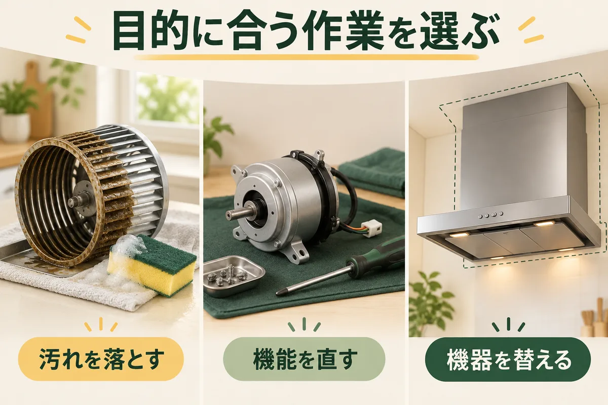 洗浄するファン、交換部品、新しいレンジフードを並べた図