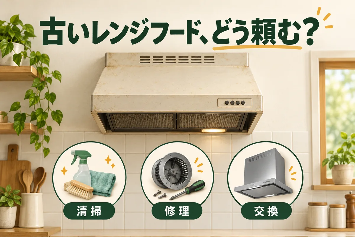 古いレンジフードの清掃、修理、交換を考える図