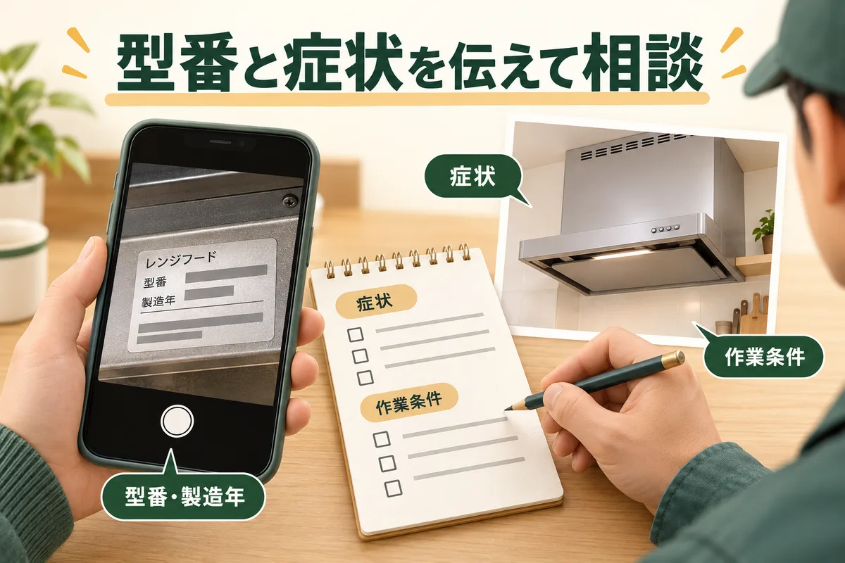 型番の写真と依頼メモ、作業前後の確認を示す図