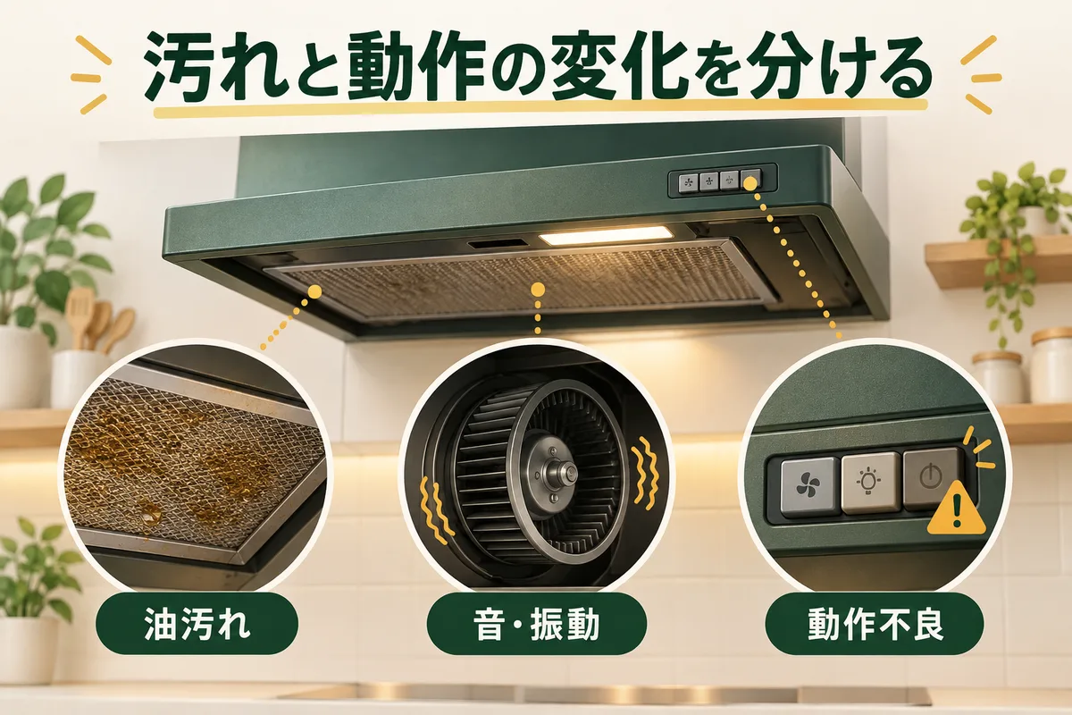 油の付着、異音、動作不良の三つを見分ける図