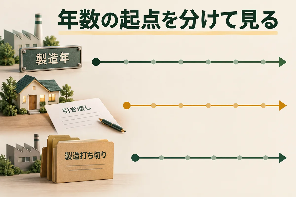 製造、引き渡し、生産終了を別々の起点として示す図