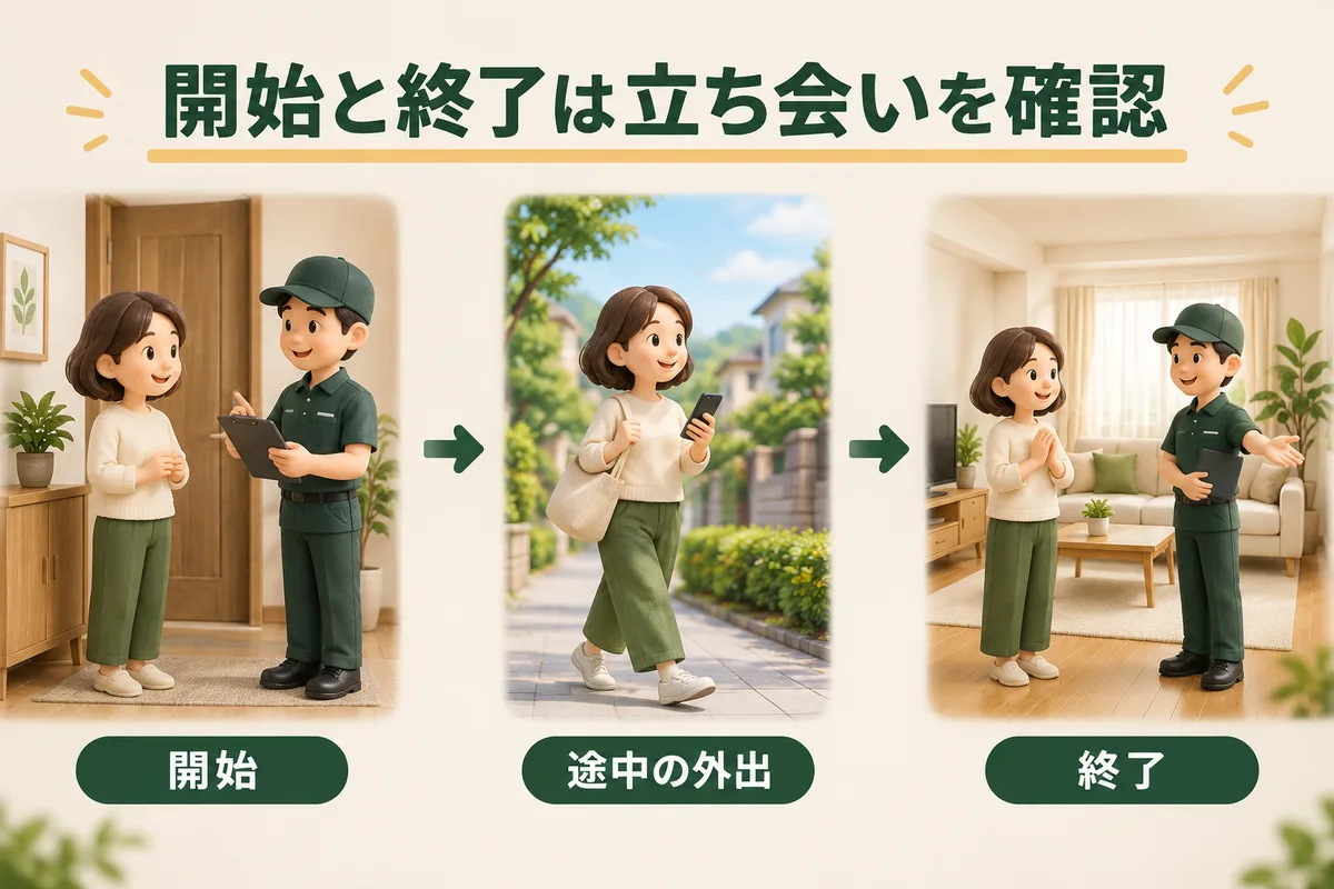 開始の立会い、途中の外出、終了確認の三つの時間を示す図