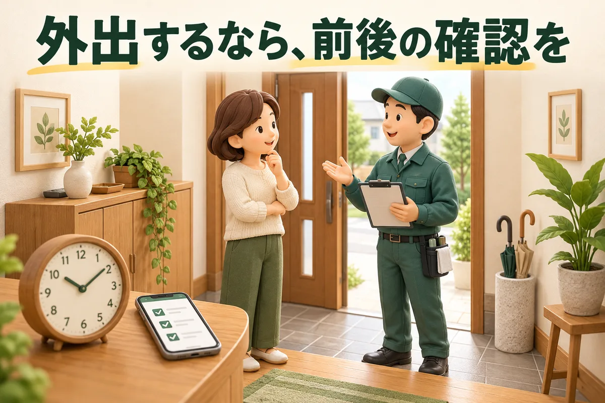清掃の開始と終了に立ち会う予定を相談する図