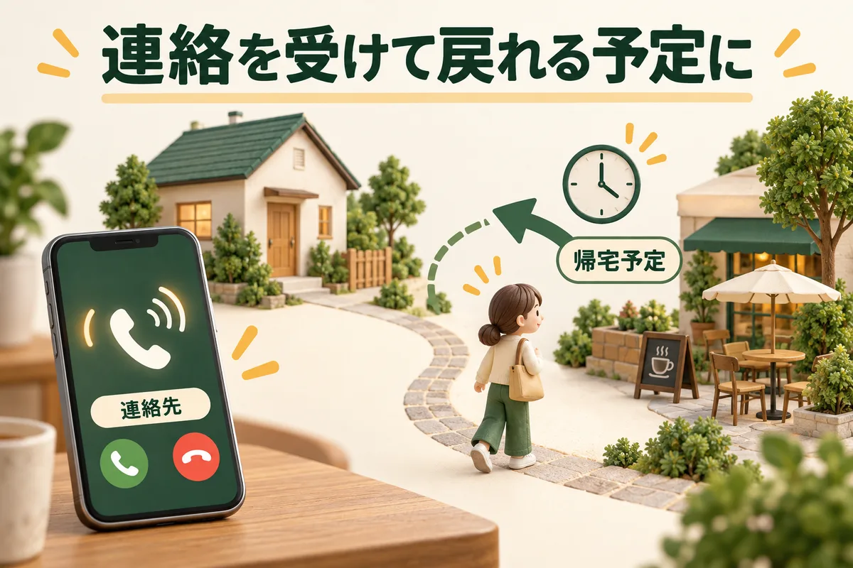 時計、携帯電話、帰宅する人をつなぐ段取りの図