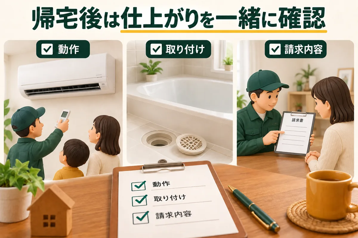 エアコンの動作、浴室部品の取り付け、請求内容を確認する図