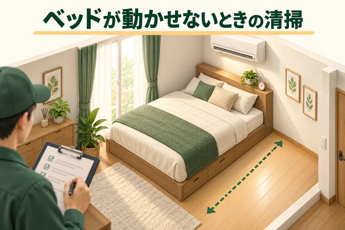 ベッドの上にあるエアコンと、清掃の作業場所を検討する図