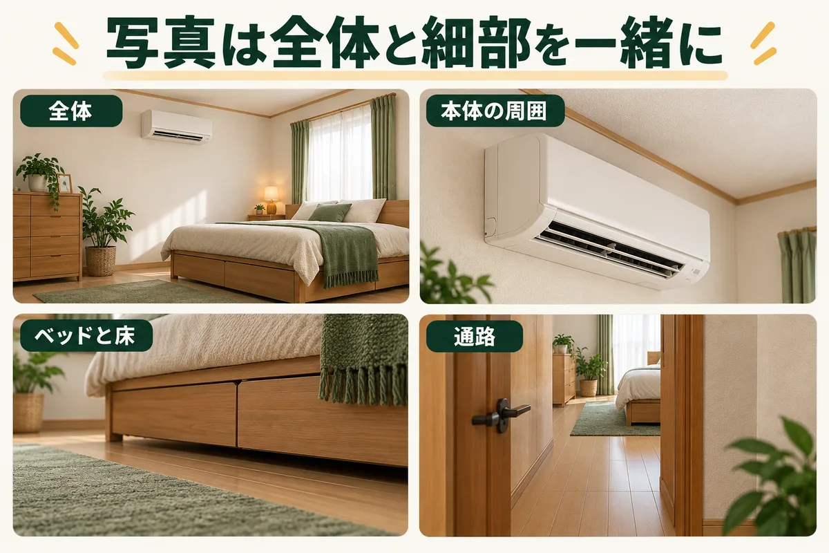部屋全景、ベッド構造、本体左右、通路の四つを撮影する説明図