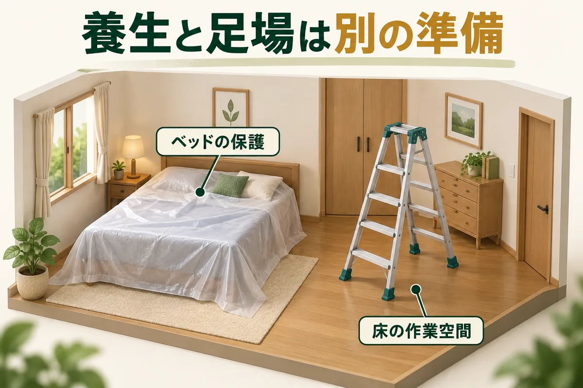 覆ったベッドと、床に置く脚立の作業空間を別々に示す図
