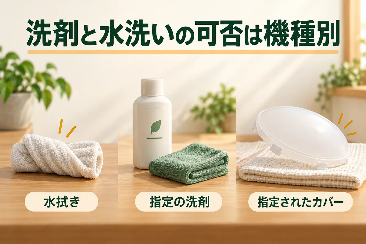 水拭きの布、薄めた中性洗剤、外したカバーを別々に示す図
