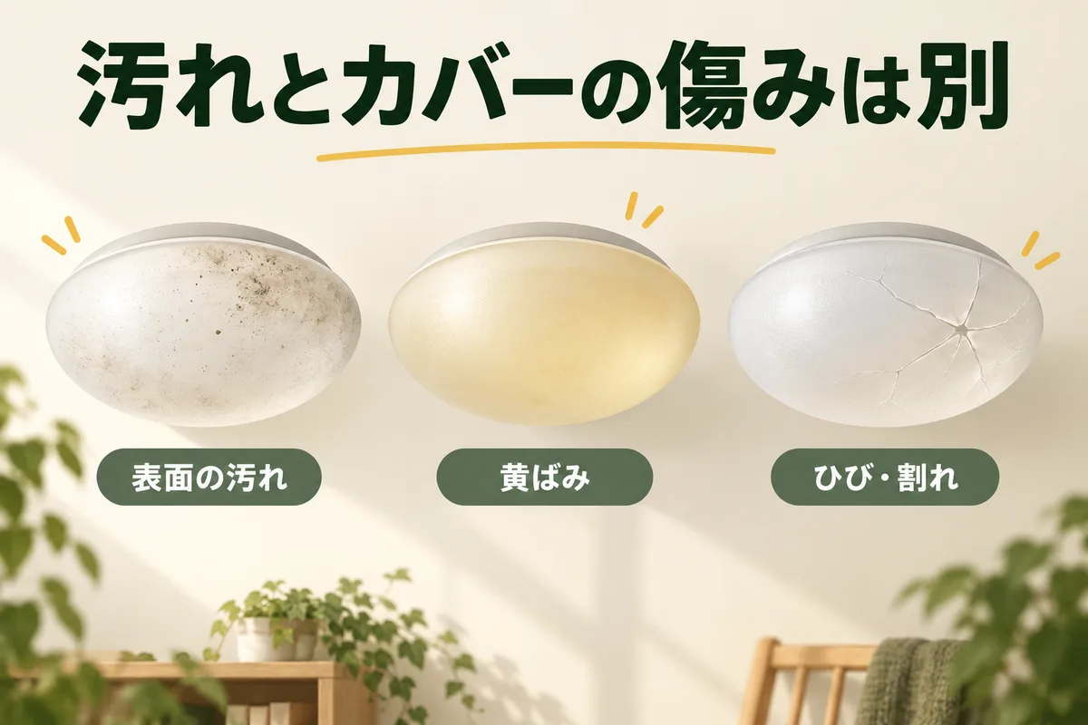 表面の汚れ、カバーの黄変、ひびを三つに分けた図
