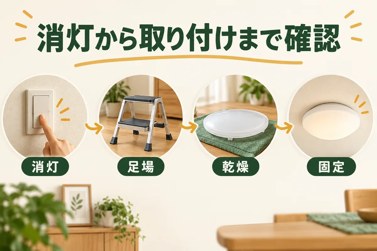 消灯、安全な踏み台、乾燥、カバーの復旧の四つを示す図