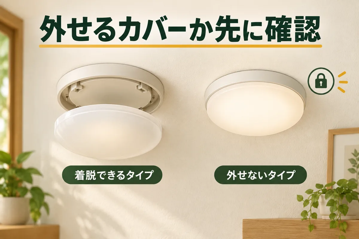 外して手入れするカバーと、固定された照明を対比する図