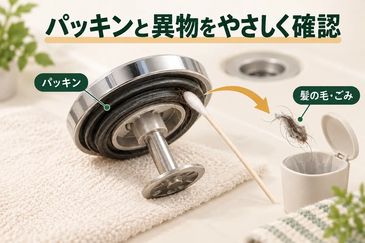 栓の裏のパッキンと、髪の毛を回収する手入れを示す図