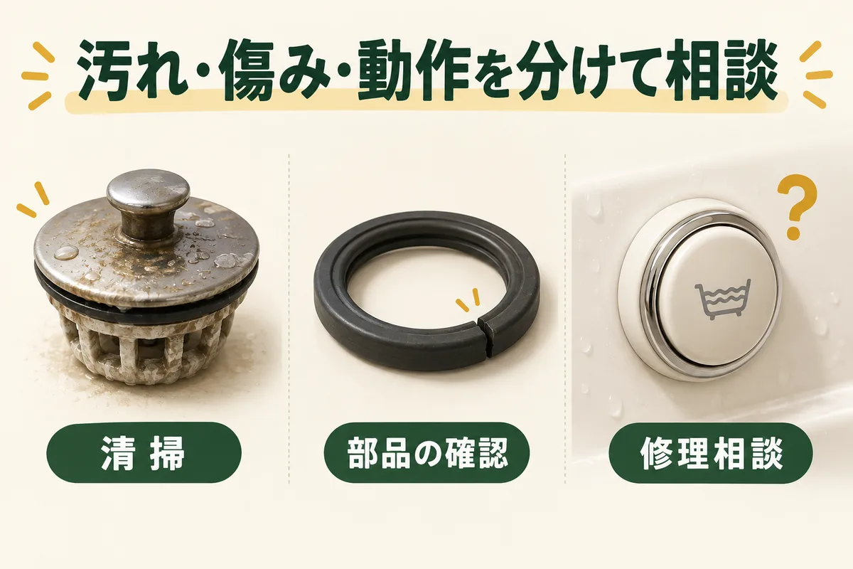 清掃、適合パッキンの確認、修理相談の三つの選択肢を示す図