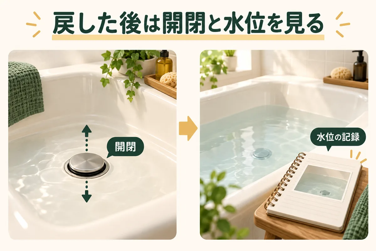 排水口の部品を正しく戻し、栓の上下と水位を見る図