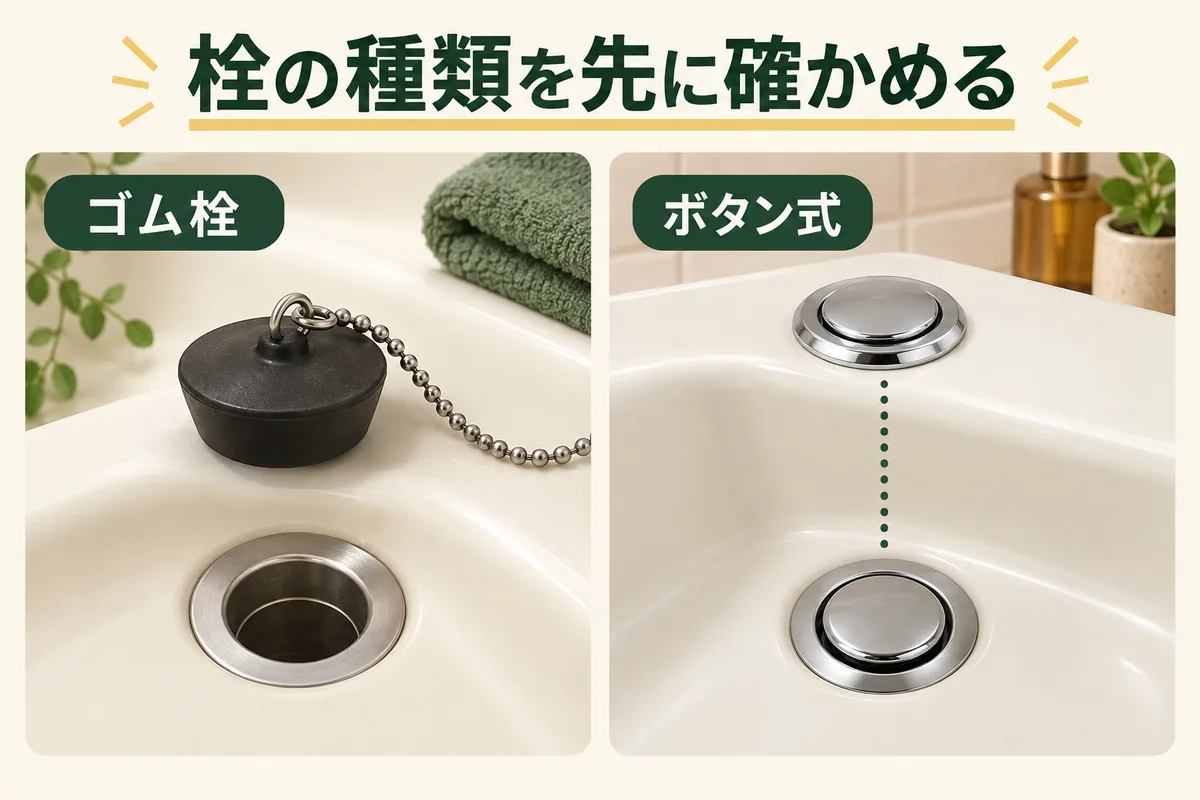 鎖の付いたゴム栓と、押しボタン式の排水栓を並べた図