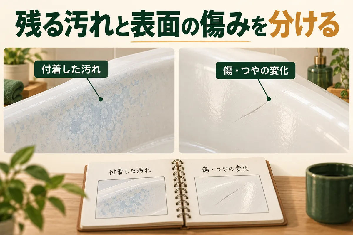 青い付着汚れと、傷・つやの変化を比較する図
